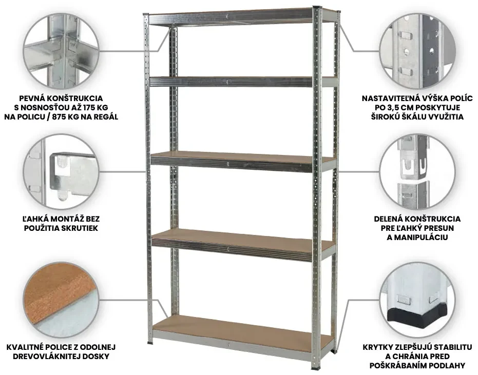 Fistar Regál 1800x1000x400 mm zinkovaný 5-policový, nosnosť 875 kg