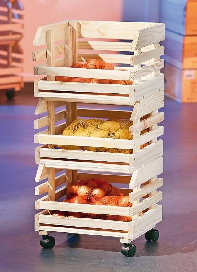 Kesper Drevený regál na ovocie a zeleninu, 3 stohovateľné debničky, 37x30x80