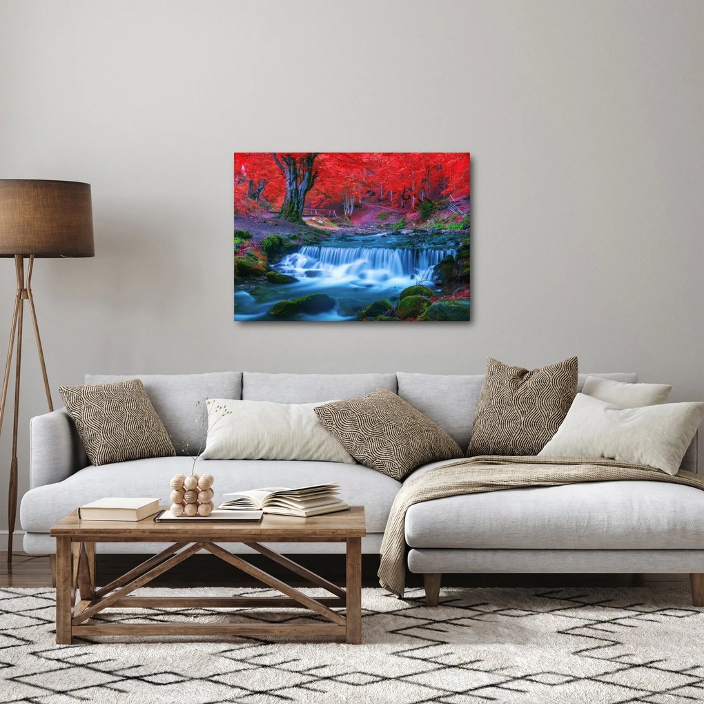 Obraz vodopádu v červenom lese (70x50 cm)