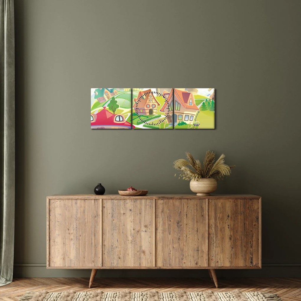 Obraz - Farebné mestečko (s hodinami) (90x30 cm)