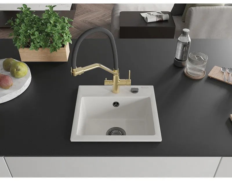 Mexen Milo, granitový drez 435x410x171 mm, 1-komorový a drezová batéria Duo, biela, 6505-20-671701-57-B