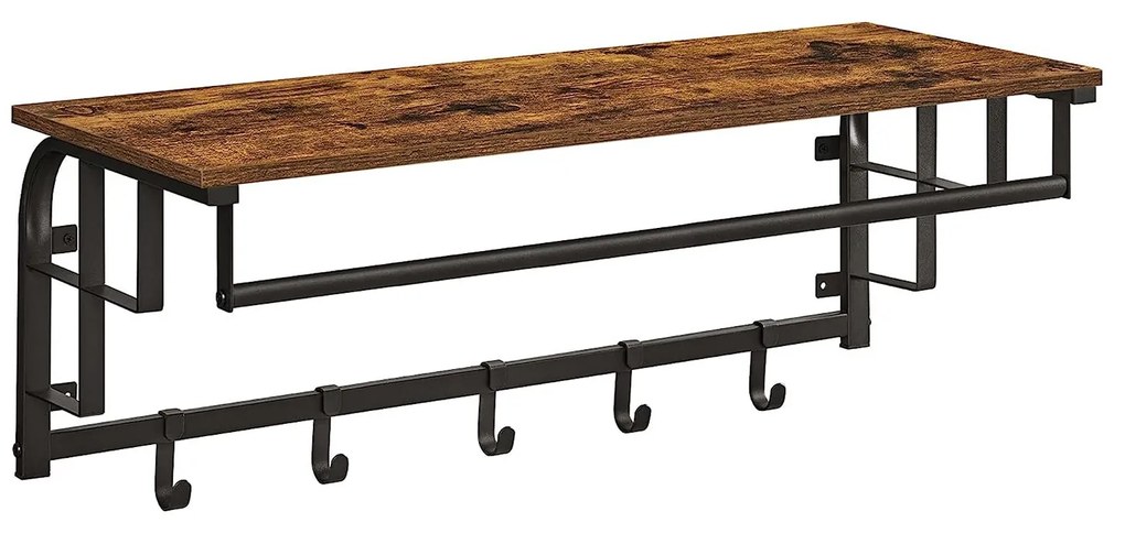 Nástenný vešiak s policou a 5 odnímateľnými háčikmi, vintage hnedý