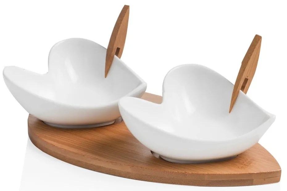 Sada 2 servírovacích misiek s bambusovým podnosom a dvomi napichovadlami Brandani Coeur Blanc