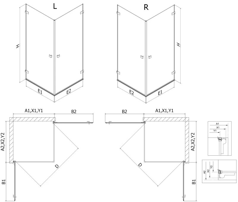 Mexen Lunar-B Duo, výklopný sprchový kút 100 x 100 cm, 8mm číre sklo, zlatý matný profil, 832-100L-100P-55-00