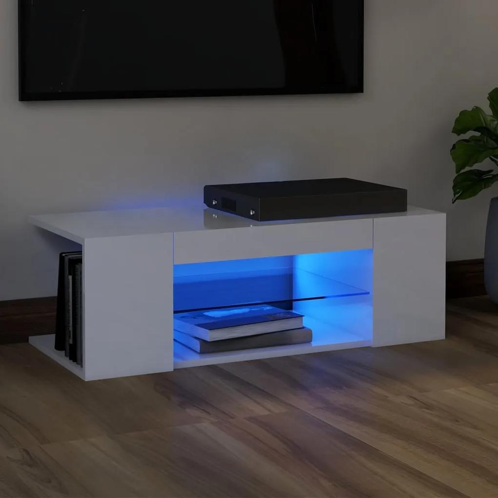 vidaXL TV skrinka s LED svetlami lesklá biela 90x39x30 cm