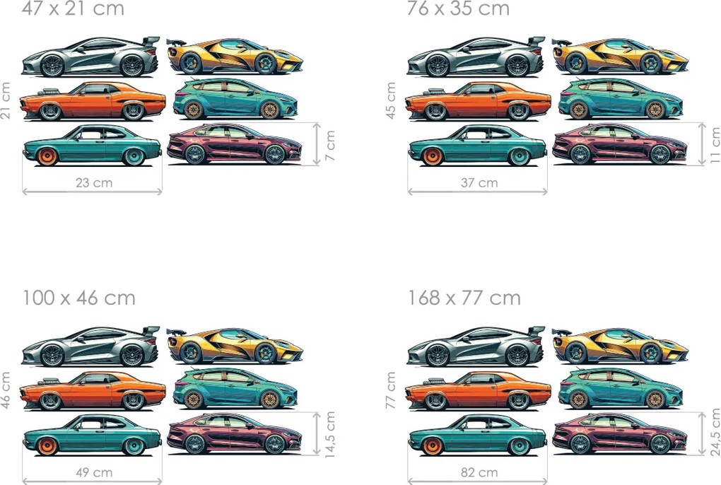 Osobné autá textilní prelepiteľné nálepky na stenu hárok 47 x 21 cm