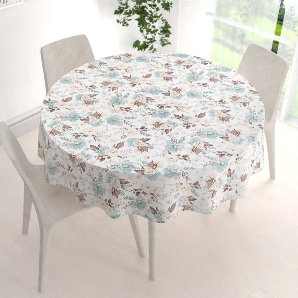 Biante Bavlnený okrúhly obrus Sandra SA-451 Žlto-hnedo-mintové ruže na bielom Ø 80 cm