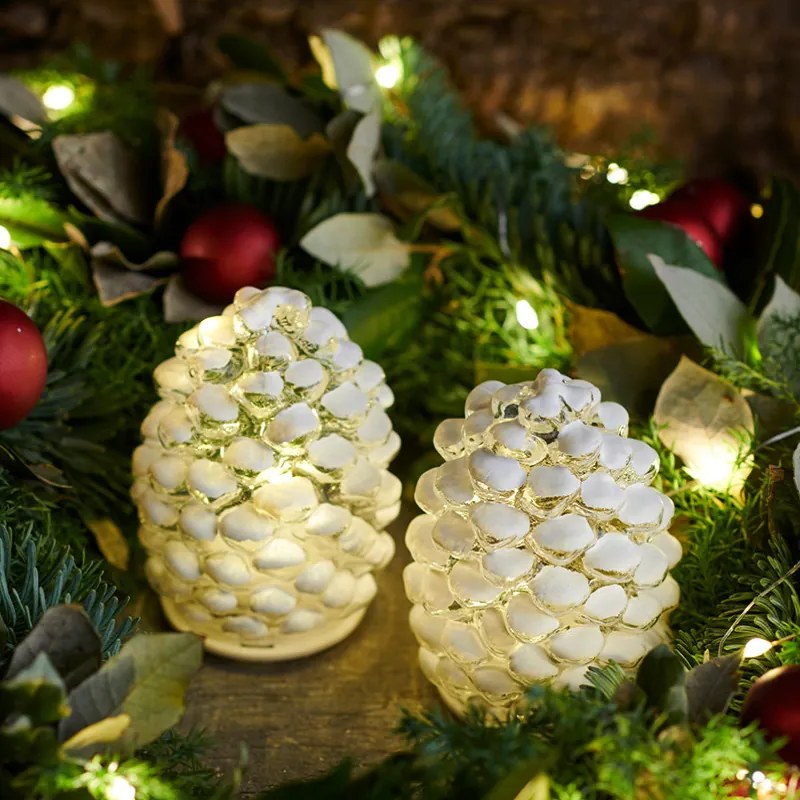 SIRIUS LED skleněná dekorace šišky, sada 2 kusy, zasněžené