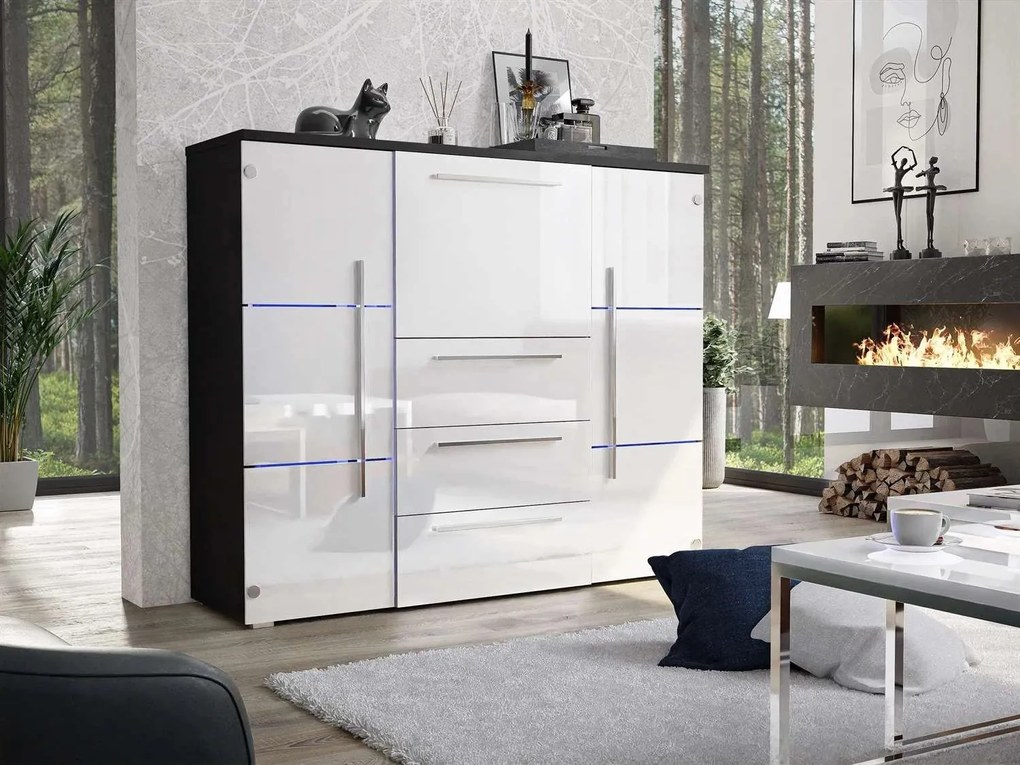 KOMODA BEATE LED BIELA + ČIERNY KORPUS VYSOKÝ LESK 136 cm