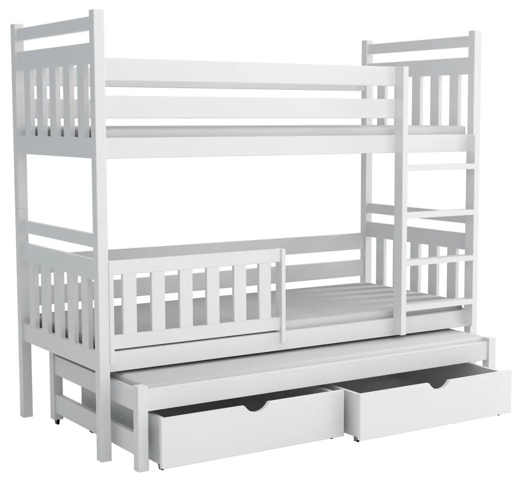 Detská poschodová posteľ z masívu borovice PETR s prístelkou a šuplíky - 200x90 cm - BIELA