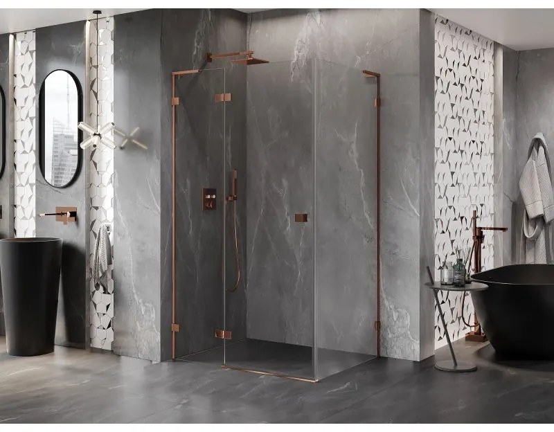 Mexen Lunar, L sklápací sprchový kút ľavý 85 x 80 cm, 8mm číre sklo, profil ružové zlato, 834L-085-080-60-00-L