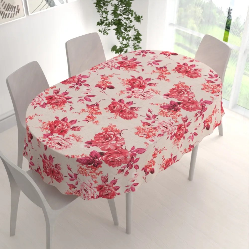 Biante Dekoračný oválny obrus Leona LN-116 Červené ruže na režnom 130x180 cm