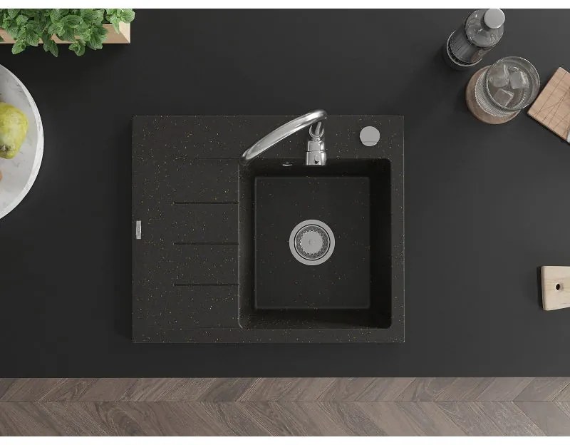 Mexen Ben, 1-komorový granitový drez 600x500x190 mm, pravý + chrómový sifón, čierna-zlatá metalíza, 6523605000-75