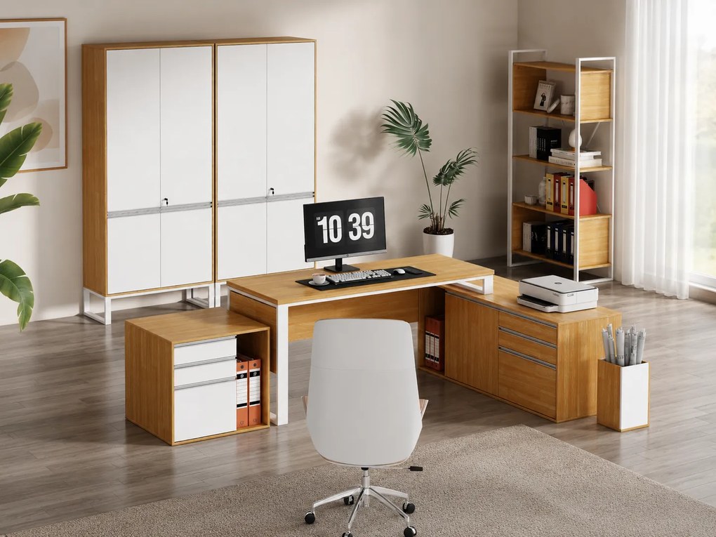 Vysoký kancelářský regál Houseland Nuvia Stack 90 cm dub/bílý
