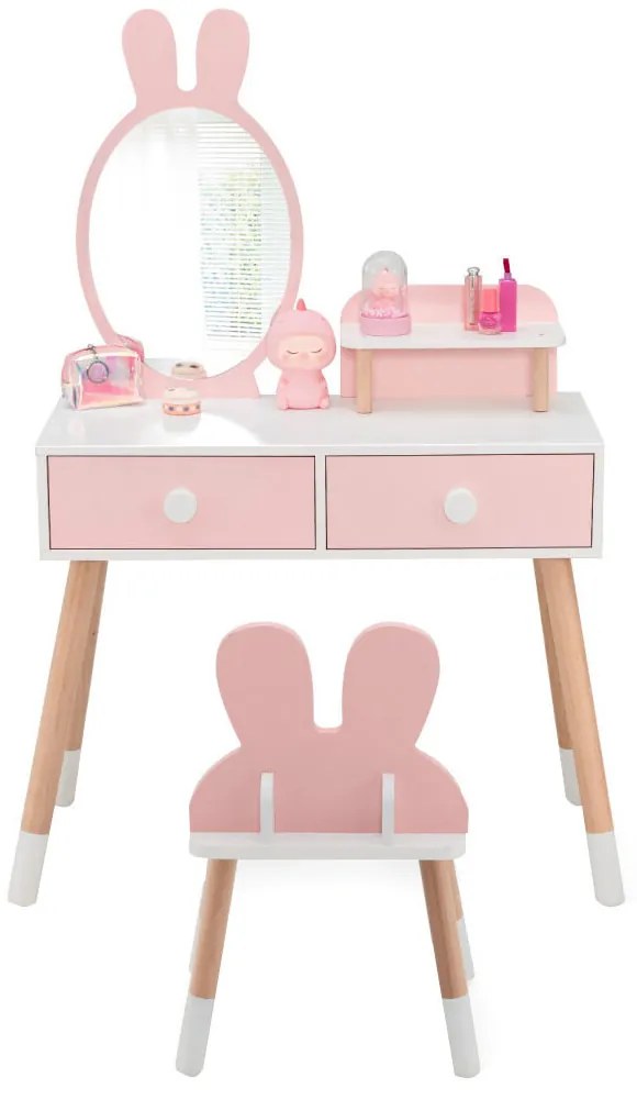 Zajačikovský detský toaletný stolík so zrkadlom a stoličkou