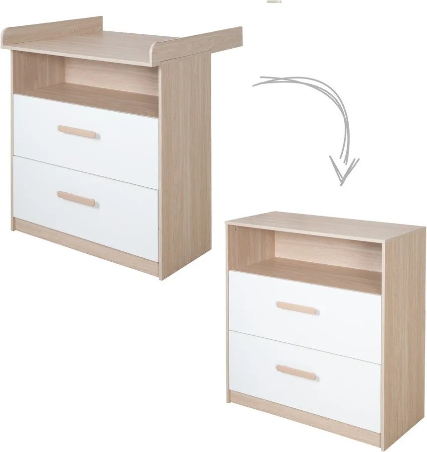 Biela/v prírodnej farbe detská komoda v dekore duba s prebaľovacím pultom 88x98x75 cm Cabane – Roba