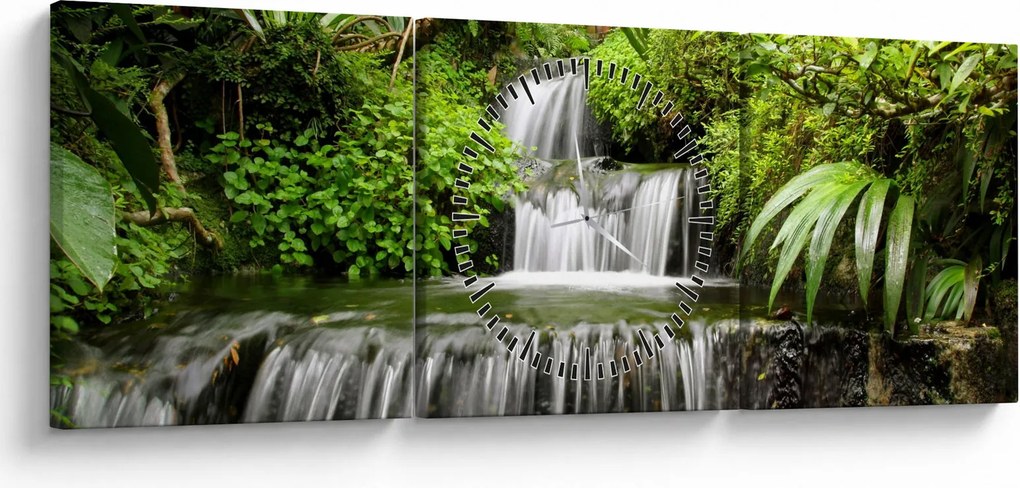 Obraz - Vodopád v dažďovom lese (s hodinami) (90x30 cm)