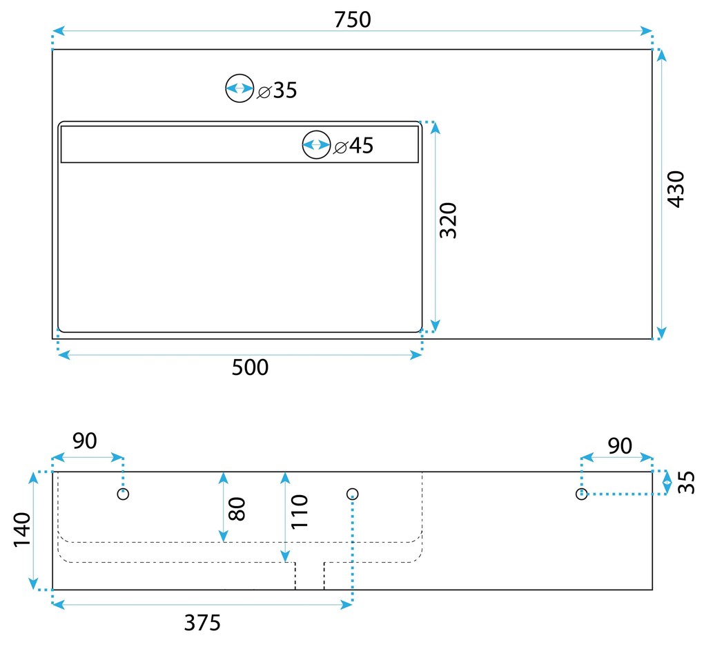 Rea Archi, umývadlo na dosku z konglomerátu 750x430x140 mm, ľavá verzia, biela matná, REA-U4300