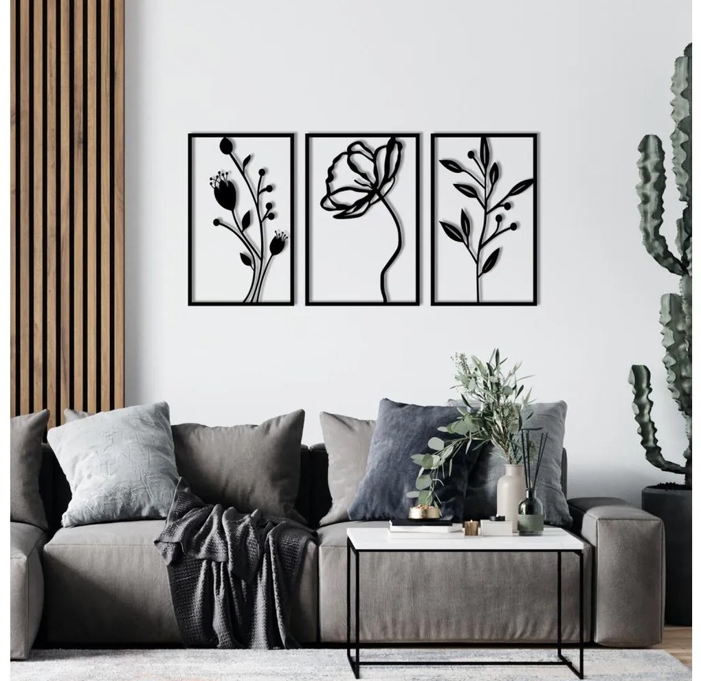 SADA 3x Nástenná dekorácia 78x39 cm kvety kov