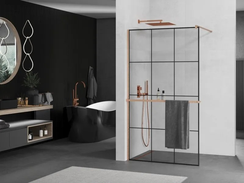 Mexen Kioto+, sprchová zástena Walk-In s poličkou a vešiakom 120 x 200 cm, 8mm číre sklo čierny vzor, medený matný profil, 800-120-121-65-77