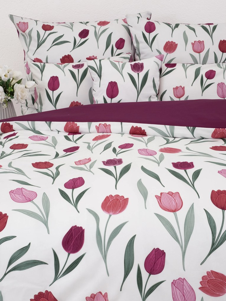 Predĺžené bavlnené obliečky Renforcé - Kvety tulipánov fialové