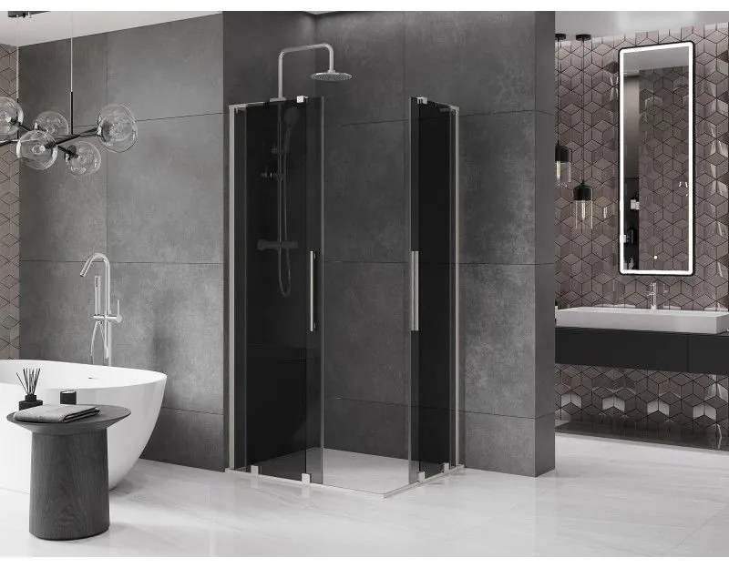 Mexen Velar L Duo, sprchový kút s posuvnými dverami 90 x 80 cm, 8mm šedé sklo, brúsená oceľ, 871-090-080-02-43-97
