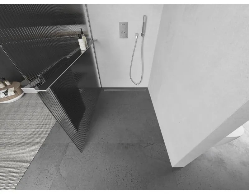Mexen Kioto+ L, sprchová zástena Walk-In s poličkou a vešiakom 110 x 200 cm, 8mm sklo s rebrovým vzorom, chrómový profil, 800-110-123-01-09
