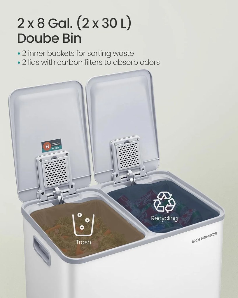 Selektívny odpadkový kôš SONGMICS, 2 x 30 L, mäkké zatváranie, matná biela