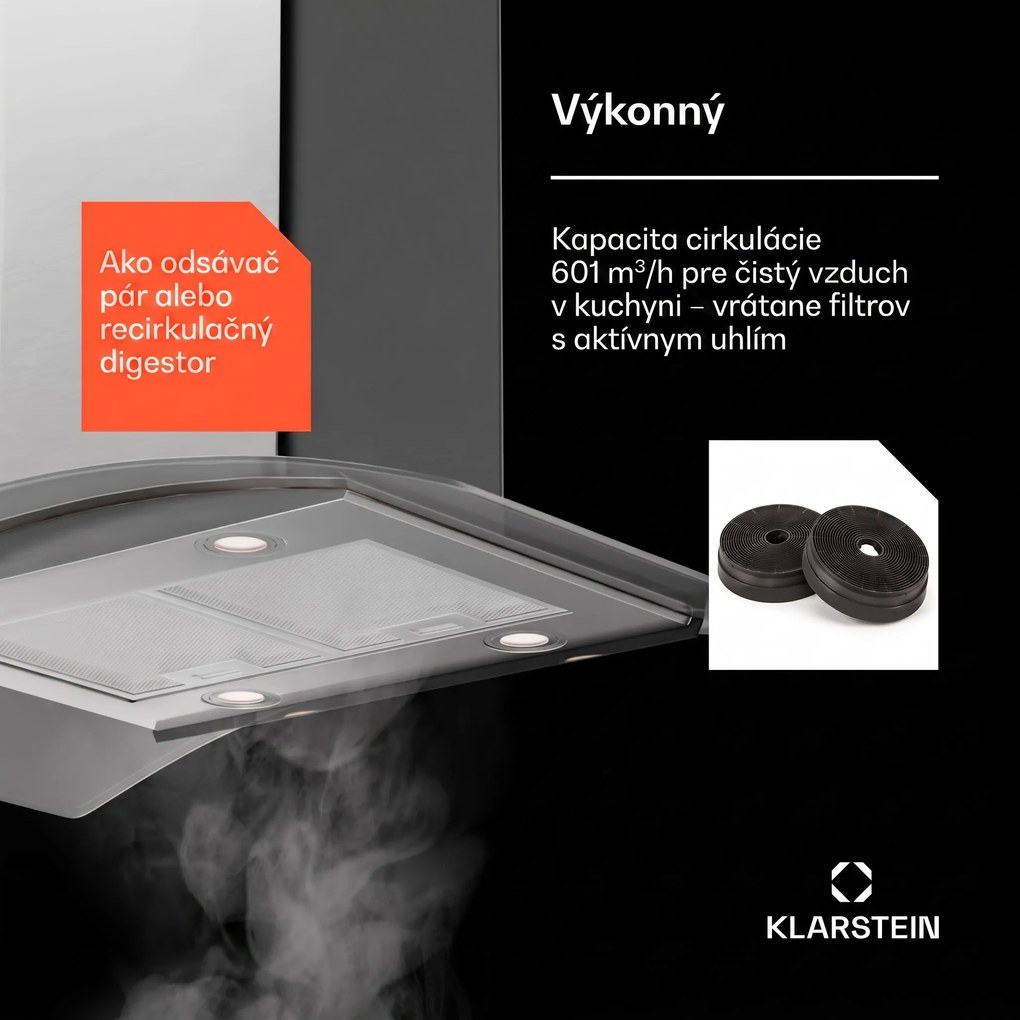Klarstein Colette, digestor, 90 cm, 601 m³/h, energetická trieda A, ušľachtilá oceľ, strieborný
