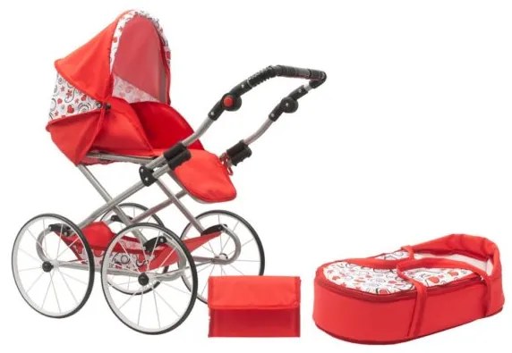 NEW BABY Detský Retro kočík pre bábiky 2v1 New Baby Anička červený so srdiečkami