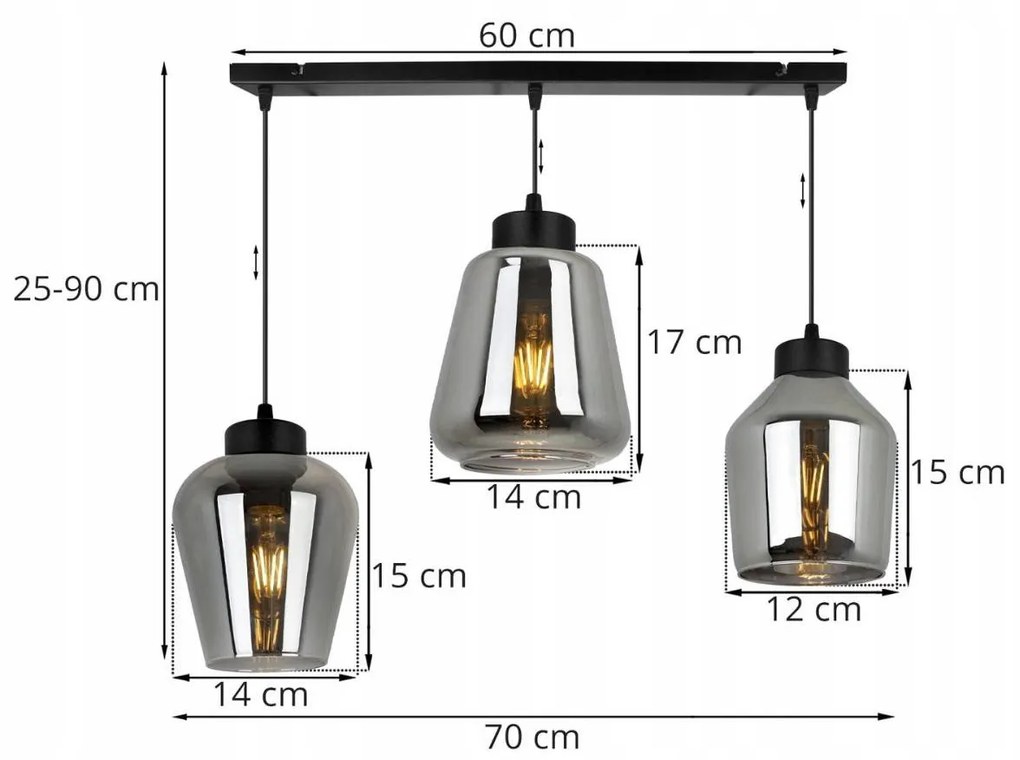 Závesné svietidlo Rijeka 3, 3x grafitové sklenené tienidlo