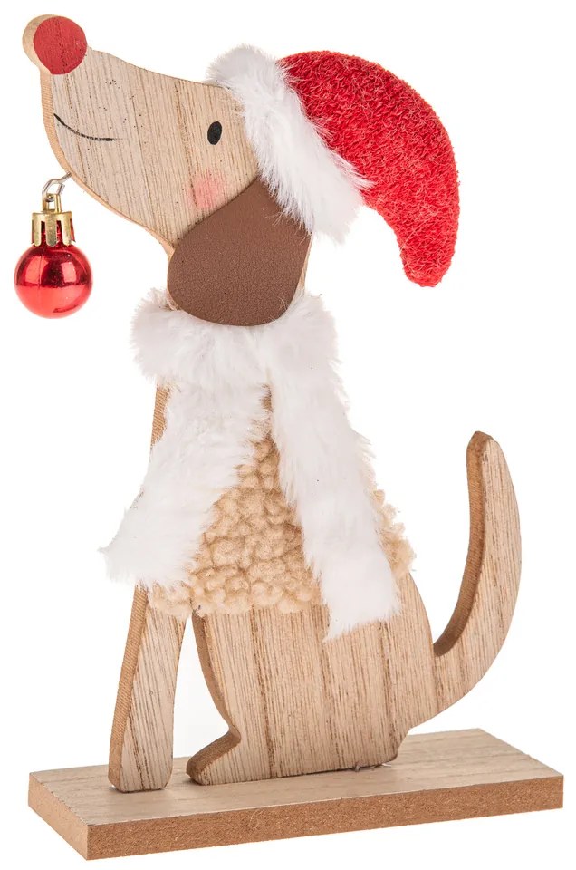 Vianočná dekorácia Drevený pes s čiapkou, 21 cm