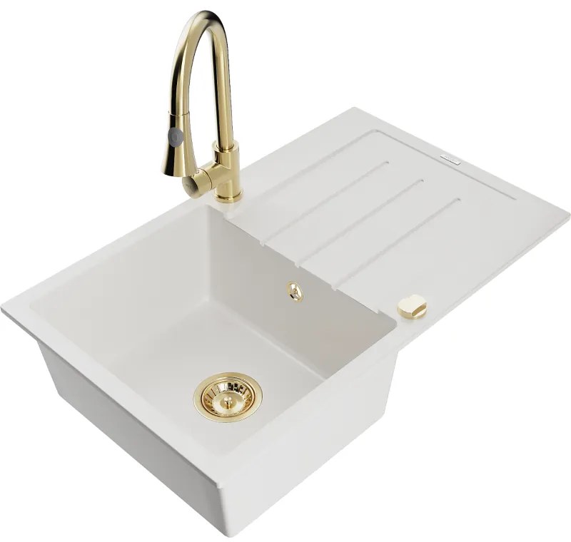 Mexen Bruno, 1-komorový granitový drez 795x495x200 mm a drezová batéria Elia, biela, 6513-20-670101-50