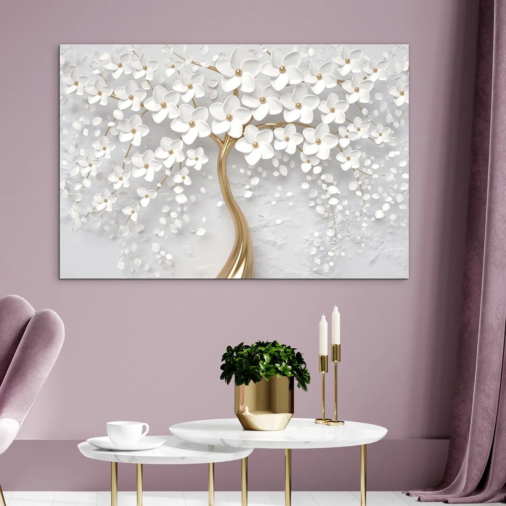 DUBLEZ | Drevený obraz - Zlatý strom s bielymi kvetmi