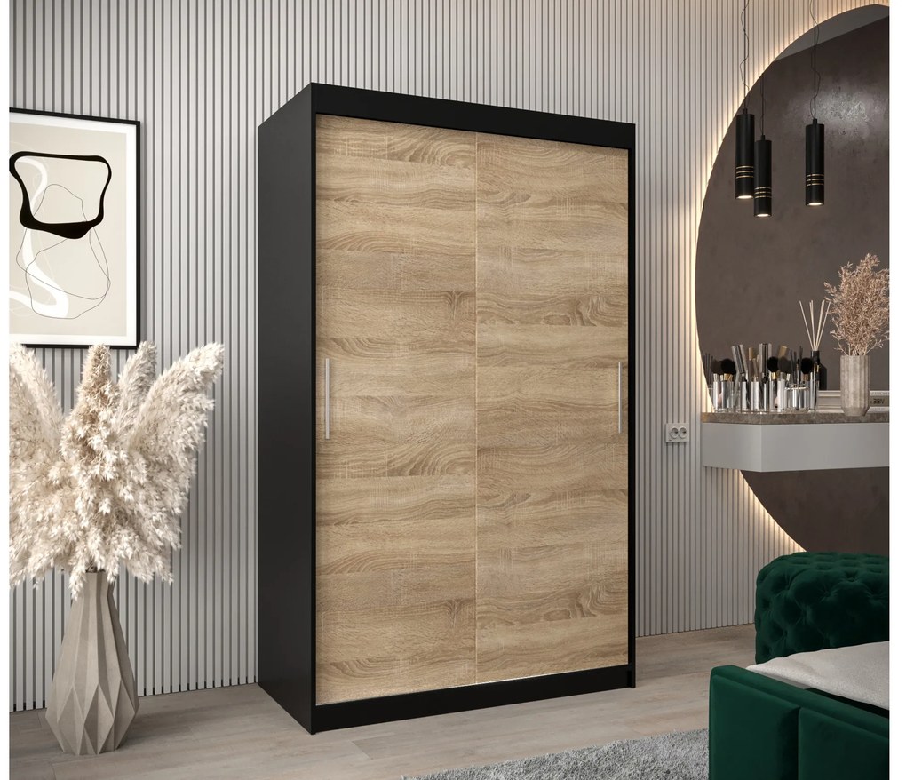 Šatníková skriňa 120 cm Toki (Čierna matná + Dub sonoma). Akcia -42%. Vlastná spoľahlivá doprava až k Vám domov. 1064810