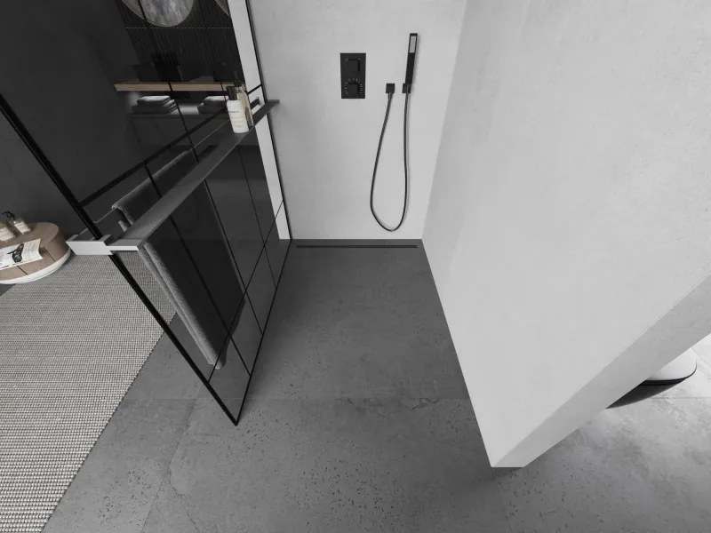 Mexen Kioto+ L, sprchová zástena Walk-In s poličkou a vešiakom 120 x 200 cm, 8mm číre sklo čierny vzor, grafitový profil, 800-120-123-95-78