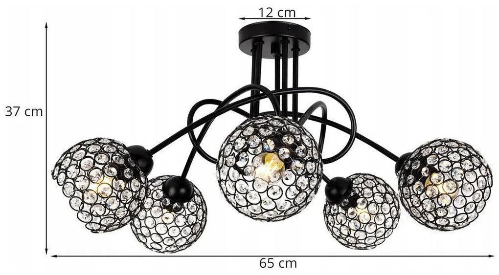 Stropné svietidlo Crystal, 5x čierne krištáľové tienidlo, b