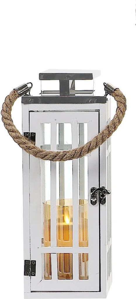 Drevený lampáš so striebornou strieškou MSL3020 - biely (12x12x34 cm) - moderný štýl