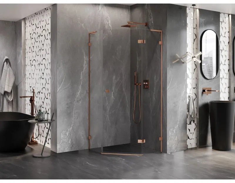 Mexen Lunar, L pravý výklopný päťuholníkový sprchový kút 100 x 100 cm, 8mm číre sklo, profil ružové zlato, 831L-100P-100L-60-00-P