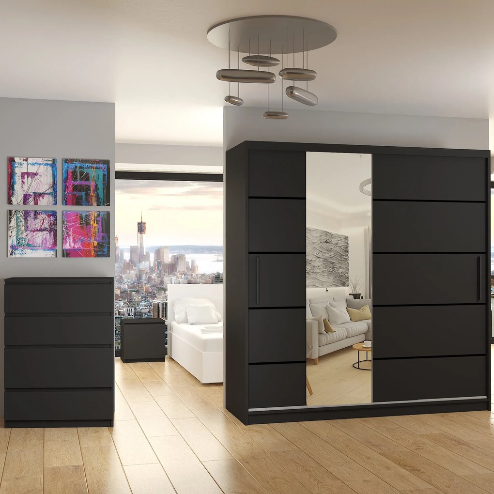 Šatníková skriňa 200 cm Belini čierny mat s posuvnými dverami zrkadlom a zásuvkami MBP SZP5/1/B/B/0/KLP