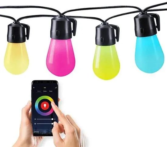 Solight LED smart farebná vonkajšia reťaz s RGB žiarovkami, bluetooth, 15 žiaroviek, 14m+6m, 10W
