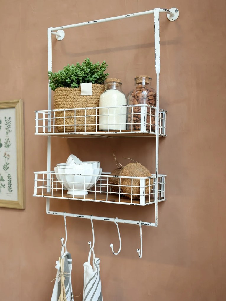 Krémová antik kovová nástenná polička s háčikmi Old Shelf - 48*18*77 cm