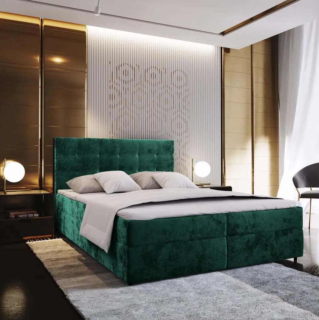 Čalúnená posteľ boxspring GLORIEN VELVET 160x200 cm tmavozelená Matrac: Bonell pružinová matrac