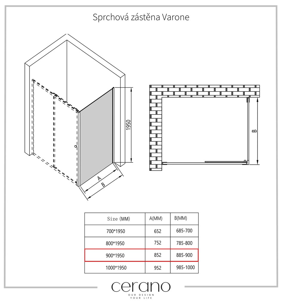 Cerano Varone, pevná sprchová stena 90x195 cm, 6mm číre sklo, čierny profil, CER-CER-DY505B-90-195-SG