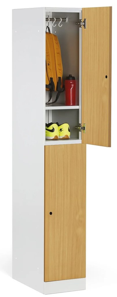 Šatníková skrinka S1 s úložnými boxmi, 2 boxy, 1850 x 300 x 500 mm, demont, otočný zámok, laminované dvere, buk