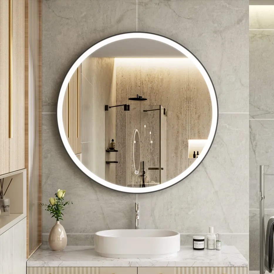 Erga Olivia, okrúhle LED zrkadlo 100cm, čierny kovový rám, 2300 lm, 6500K, predné osvetlenie, ERG-V01-202-1010-BK