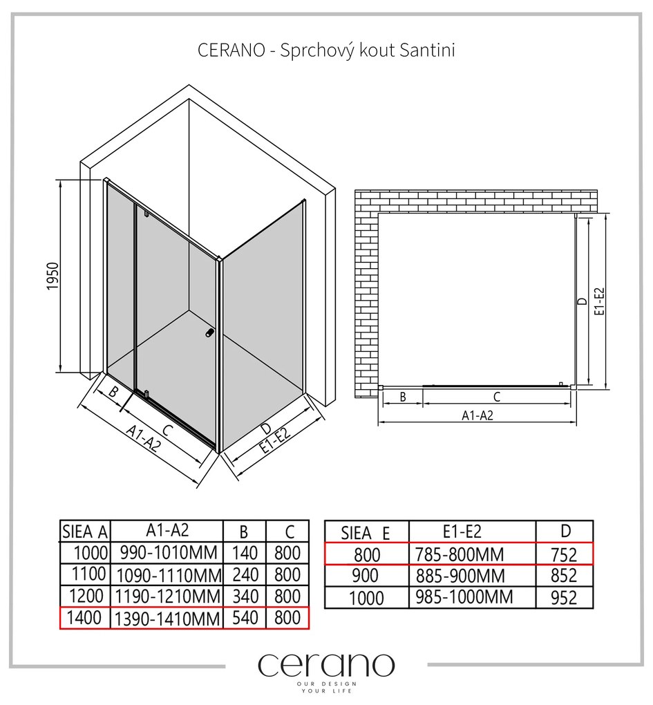 Cerano Santini, sprchovací kút 140(dvere) x 80(stena) x 195 cm, 6mm číre sklo, čierny profil, CER-CER-429013