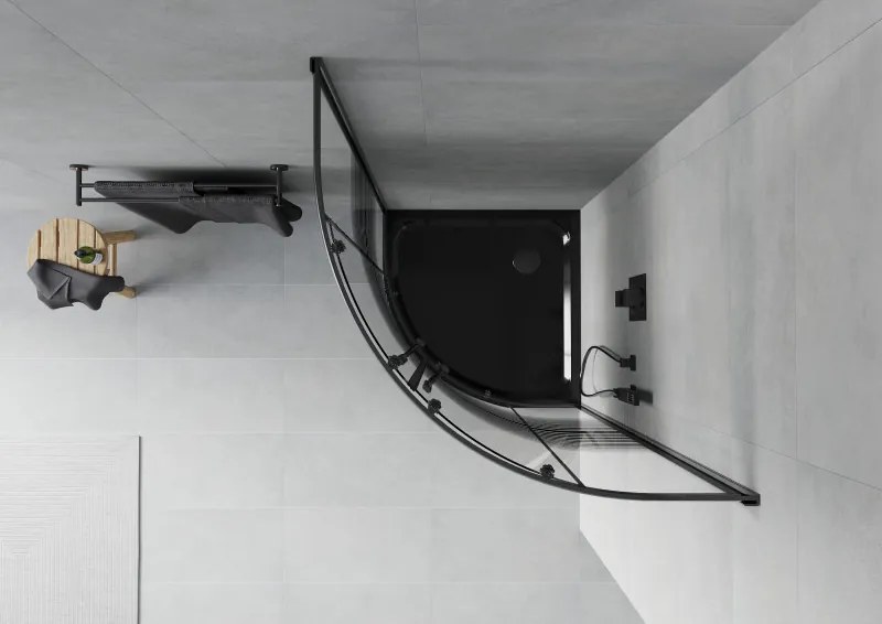 Mexen Rio, štvrťkruhový sprchovací kút s posuvnými dverami 80(dvere) x 80(dvere) x 190 cm, 6mm číre sklo s pásikmi, čierny profil + čierna sprchová vanička SLIM, 863-080-080-70-20-4170B