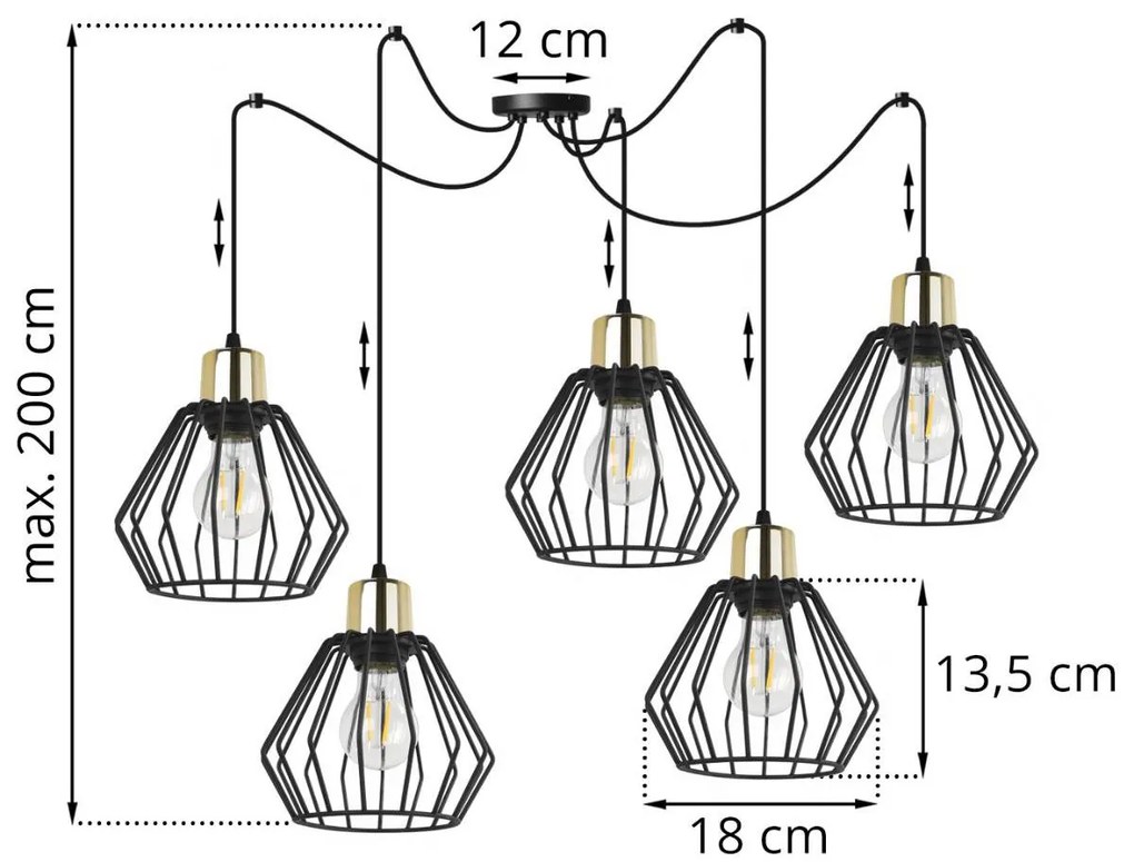 Závesné svietidlo Nuvola Spider 5, 5x čierne drôtené tienidlo, g