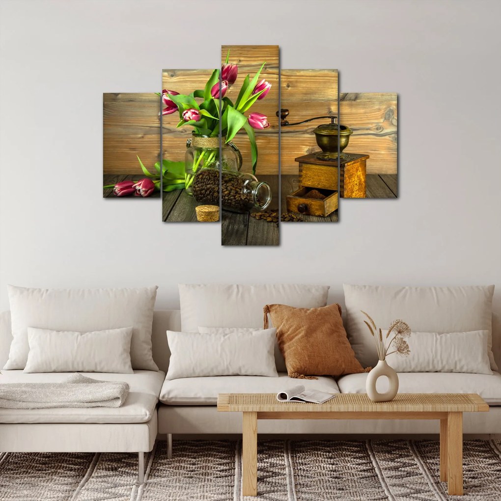 Obraz - tulipány, mlynček a káva (150x105 cm)